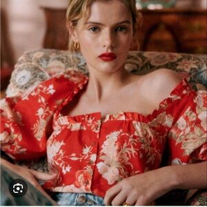 Sezane Scarlet Floral Off-Shoulder Blouse